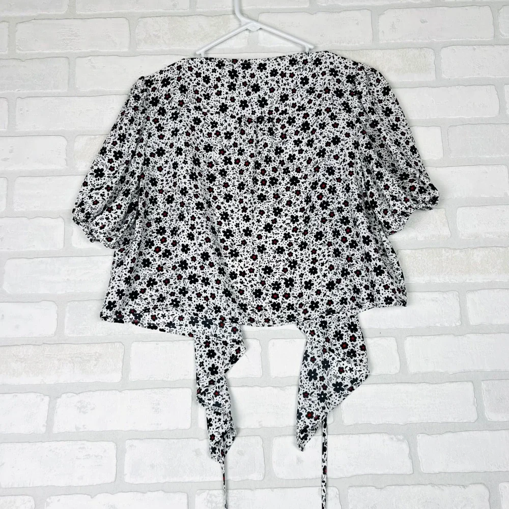 Zara Womens Floral Wrap Top White Black Red Ditsy Puff Sleeve Blouse Medium